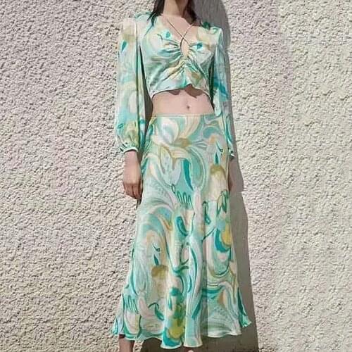 2021 Women Fashion Sexy Print Cropped Blouses Vintage Bow V Neck Long Sleeve Female Shirts Blusas Casual Beach Style Tops