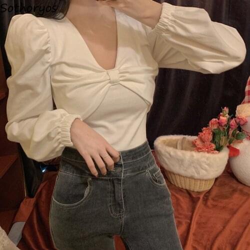 Women Blouses Office Lady Puff Sleeve V-neck Pleated Bow Korean Style Comfortable Trendy Slim Street Wear Elegant Sweet New Sexy
