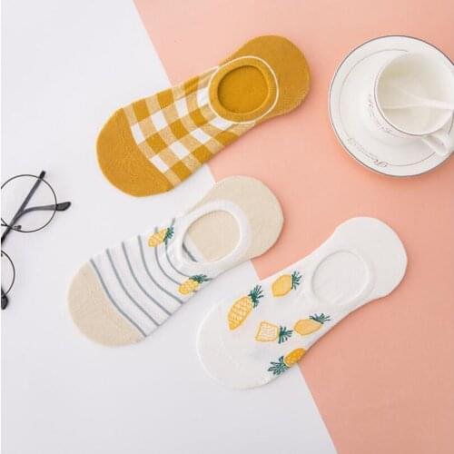 Women Fashion Invisible Non-slip Cotton Socks Striped Checked Pineapple Print Ankle Boat Socks Girls Candy Socks 3/6 pairs /lot