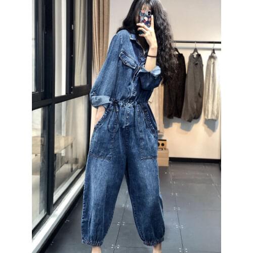 Women 2021 Spring Autumn Streetwear Denim Overalls Female Long Sleeve Casual Jeans Romper High Waist Wide Leg Jumpsuits Y169