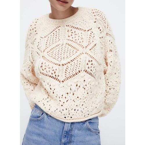 ZA pullover 2021 early autumn new style womens clothing sweet and sen thin section hollow jacquard mesh knitted sweater