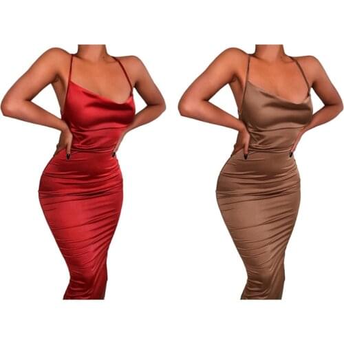2 Pcs Women Neon Satin Lace Up Sleeveless Backless Long Dress S Size Red & Brown