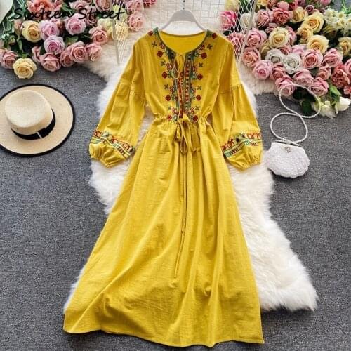 Maxi Dresses for Women Korean Style Embroidered Lantern Sleeve Vestido De Mujer Vintage Harajuku Dress Female High Quality 2021