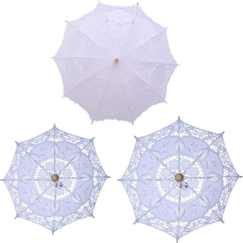 Womens Manual Opening Wedding Bridal Parasol Umbrella Hollow Out Embroidery Lace Solid White Color Romantic Photo Props 8 AXYD