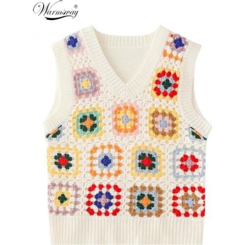 2021 Embroidery Vest Women Ladies Summer Slim Sleeveless T Shirt Colorful Crochet Pullover Tops Casual V Neck Knitwear B-067