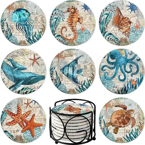8PCS Ceramic Cup Coasters With Holder Drinks Cup Pads Table Top Decor Gift