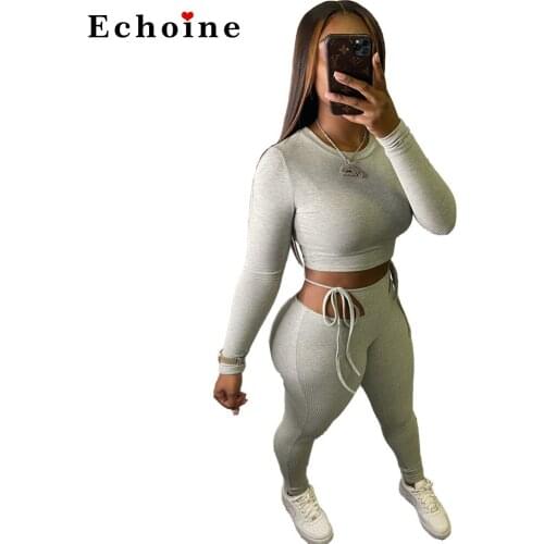 Echoine Ribbed Two Piece Set 2020 Autumn Winter Women Tracksuits Long Sleeve Crop Tops And Stretchy Pants Femme Solid Clothes