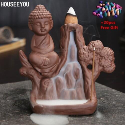 Buddha Incense Burner Home Decor Creative Smoke Backflow Incense Burner Waterfall Monk Censer Stick Incense Holder+ 20pcs Cones