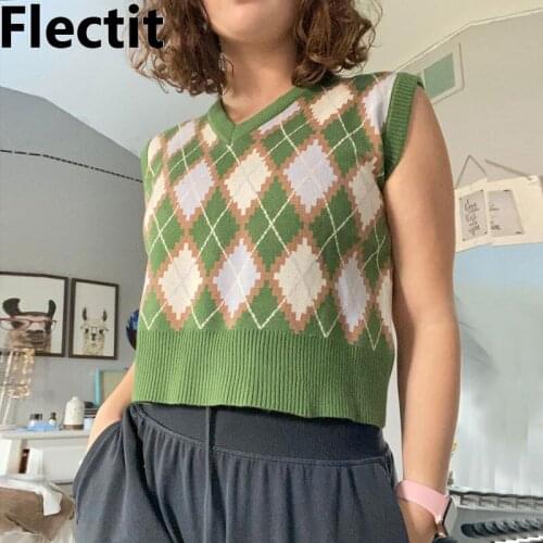 Flectit Classic Argyle V-Neck Knit Vest Cozy Cropped Sweater Vest Womens Fall Winter Trend Prep Style Green / Blue