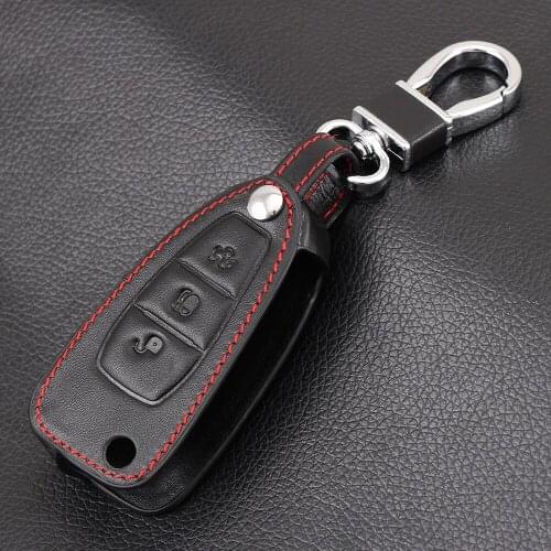 Leather Car Flip Key Cover Case Holder for Ford Focus 3 4 MK3 ST New Fiesta Kuga Escape Ecosport 3 Buttons Folding Key