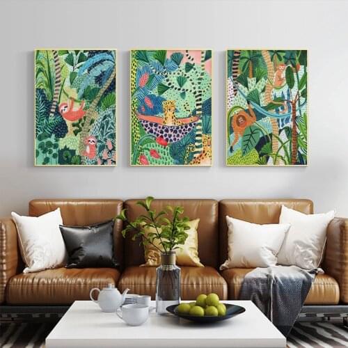 Leopard Sloth Monkey Animals Plants Jungle Nordic Posters and Prints Wall Art Canvas Painting Wall Picture for Living Room Decor