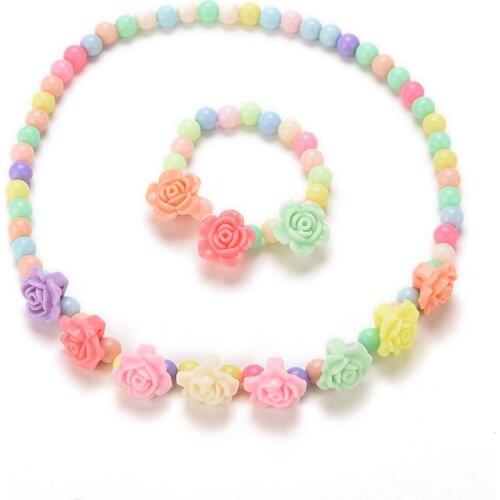 Lovely Kids Necklaces Bracelet Candy Beaded Bubblegum Necklace Rose Shaped Baby Girl Party Jewelry Multicolor