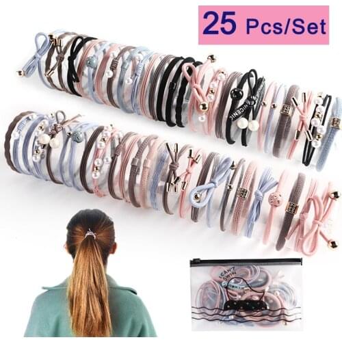 Fashion Coloful Women Hair Rope Rubber Band Elastic Hair Bands Pearl Bow Scrunchie Headdress Ponytail Girl Hair Accessories Set
