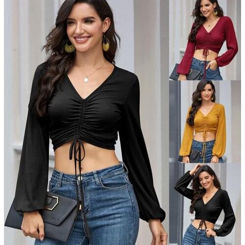 2020 New Fashion Women Sexy Crop Top Summer Sexy V Neck Long Sleeve Drawstring Solid Color Crop Top T-shirt