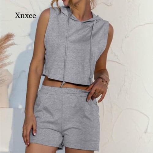 2021 Spring New Womens Solid Color Sleeveless Suit Ribbon Hooded Vest Drawstring Hoodie Vest Hot Pants Short