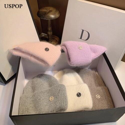 USPOP New Womens Hats Thick Warm Knitted Hats Solid Color Letter M Rabbit Hair Skullies Beanies