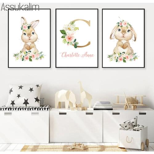 Rabbit Poster Custom Name Canvas Painting Nursery Wall Art Print Bunny Prints Nordic Wall Pictures For Kids Room Decoration