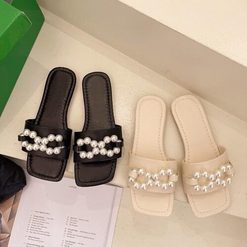 Plus Size 35-43 Summer Shoes Women Flat Slippers Beading Fashion Sides Pearls Slipper Ladies Beach Shoes zapatos mujer 9138G