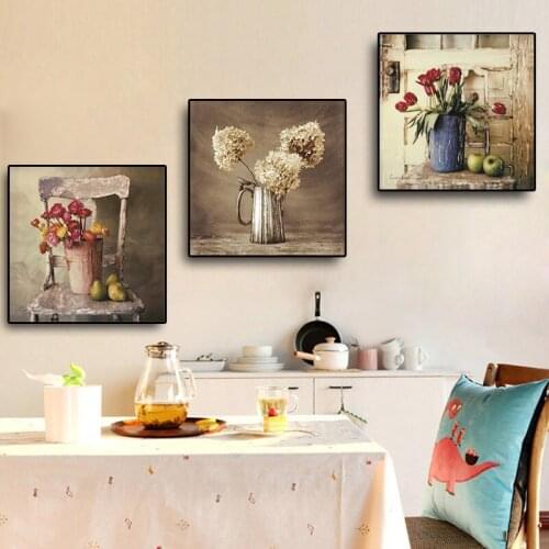 Retro Decor Poster Flowers Picture Vintage Canvas Prints On The Wall Vase Paintings On Wall Loft Frameless Home Room Decor