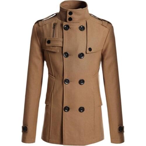 Trench Men Long Sleeve Lapel Collar Double-breasted Pockets Woolen Slim Trench Coat