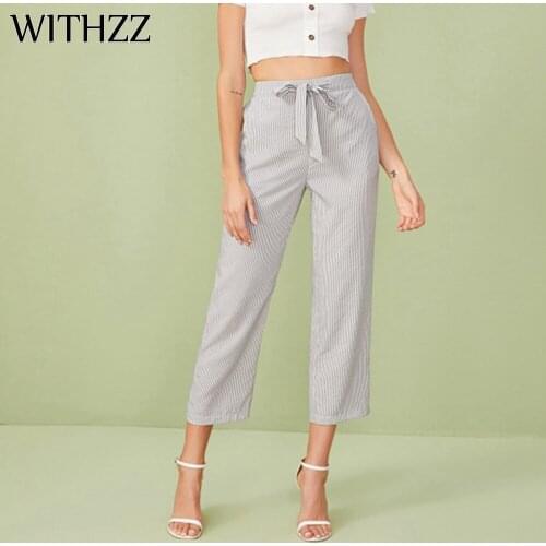 WITHZZ Spring High Waist Bow Drawstring Striped Womans Wide Leg Casual Pants