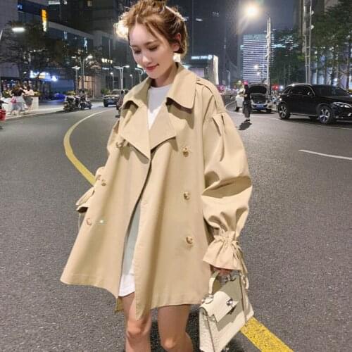 Khaki Short Windbreaker Women Overcoat Loose Coat Double breasted Thin Trench Coat Vintage A Line Female Cloak Sashes Outerwear