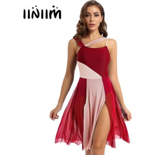 Women Adults Dance Wear Mesh Shoulder Straps Color Block Leotard Dress for Exercise Lyrical Ballroom Contemporary Dance Costumes