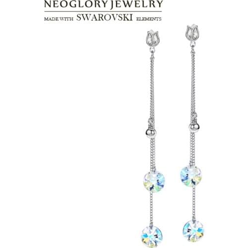 Neoglory Austria Crystal & Zircon Long Dangle Earrings Geometric With Flower Design For Women Stylish Graceful Classic Brands