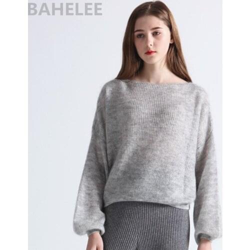 BAHTLEE Spring Autumn Womens Mohair Pullovers Knitted Wool Sweater Slash Neck Lantern Sleeve Short Style Thin Loose Comfortable