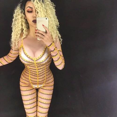 Women New Printed Stripes Gold Black Sexy Shining Rhinestones Jumpsuit Singer Dancer DJ Costume Outfit Party Clothing Stage Wear
