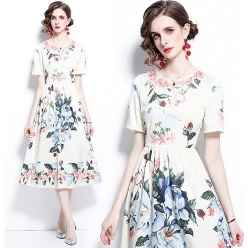 2021 Summer Elegant Temperament women Floral Print Boho Dress Short Sleeve O-Neck casual dresses Vestidos