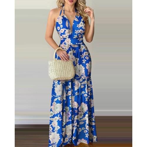 2021 Women Tropical Print Halter Backless Maxi Dress Summer Spring Vacation Sleeveless Sexy Boho Beach Dress Casual Floral