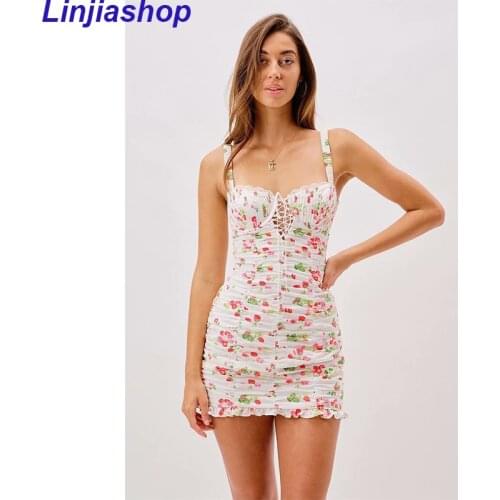Sweet Floral Print Sleeveless Sexy Dress Women Romantic Backless Draped Bodycon Elastic Mini Dress Lady Summer Holiday Party