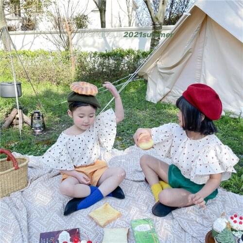 2021 Summer Girl Child Short New Sleeve Cute Fresh Flying Sleeve Love Girls Printed Shirt