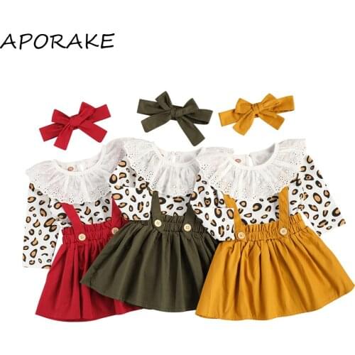 2021 0-3Y Toddler Baby Girl Clothing Spring Infant Leopard Printed Lace Crew Romper+Strap Skirt+Bow Tie Headband 3pcs Set