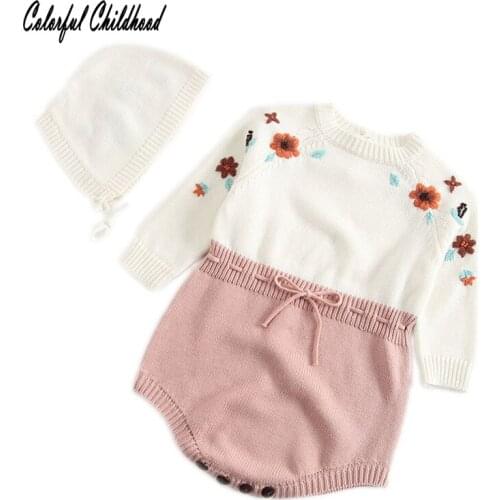 Newborn Baby Bodysuits Girls Long Sleeve Embroidered Floral Twin Baby Clothing Knitted Patchwork Outwear Winter Children Clothes