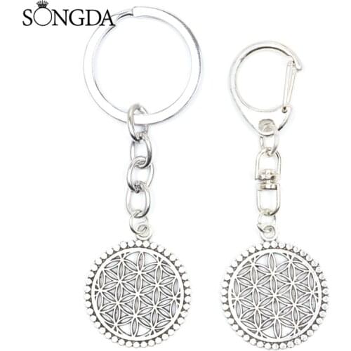 New Creative Datura Stramonium Flower Of Life Yoga Keychain Trendy Hollow Alloy Car Key Ring Unisex Jewelry Decoration Gifts