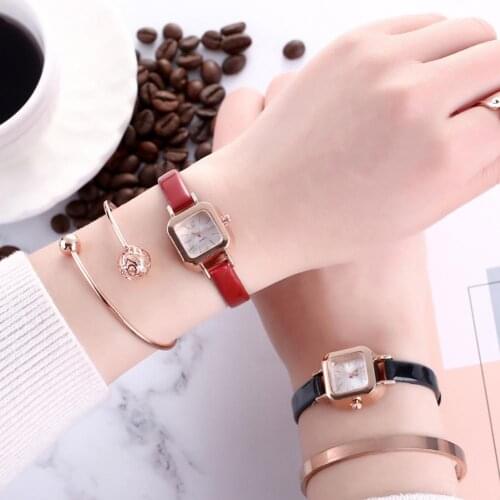 Mori girl Vintage Simple Square Dial Women Quartz Clock Solid Color Faux Leather Thin Band belt Strap Wrist Watch Ladies Dress W