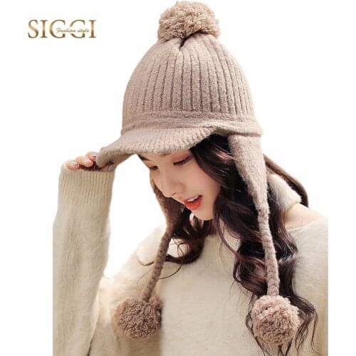 FANCET Winter Women Beanies Acrylic Warm Spandex Nylon Solid Pompom Knitted Hats Braided Chin Strap Pom Fleece Beanies 99626