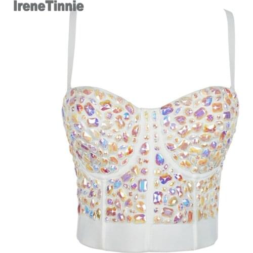 IRENE TINNIE Gorgerous Rhinestone Bead Pearls Bustier Push Up Wedding Bralette Womens Bra Cropped Top Vest