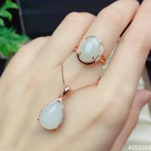KJJEAXCMY Fine Jewelry 925 sterling silver inlaid natural white jade female ring pendant set beautiful Support detection