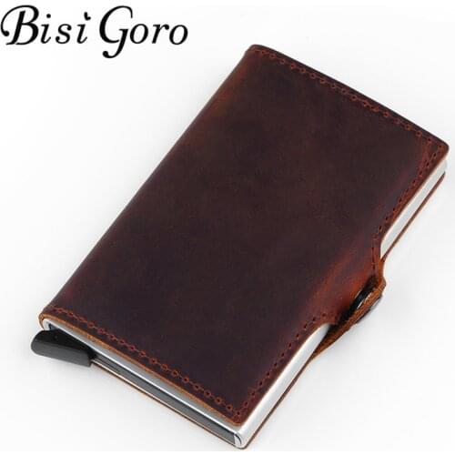 BISI GORO 2019 Genuine Leather Unisex Business Card Holder Metal Rfid Blocking Mini Slim Credit Crad Wallet Hasp Travel Purse