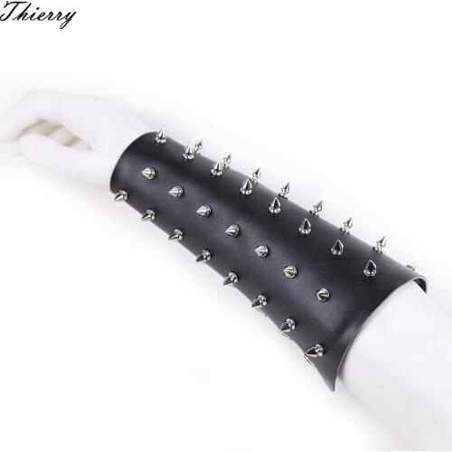 Thierry Genuine Leather Male Sex Bondage Black Punk Rivet Spike Studded Wrist Arm Splints Sleeve Mens Fetish Restraint rolepaly