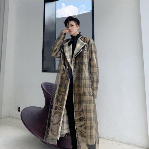 Mens trench coats man retro plaid long coat men clothes Transparent cover two-piece design overcoat long sleeve 2020 new