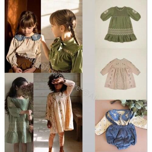 2021 New Spring APO Brand Kids Girls Dress Retro Embroidery Toddler Baby Child Dresses Girl Clothes Suit Sisters Matching Skirt
