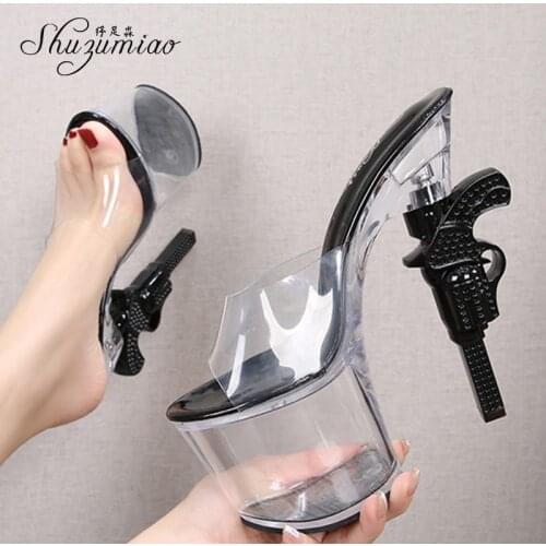 Shuzumiao New Hot Sexy Women Shoes Transparent Sandals 17cm High Heel Slipper Female Fashion Strange Style Sandles Women Summer