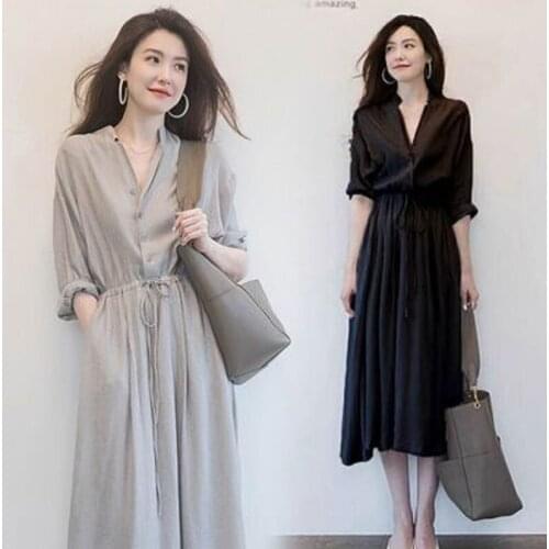 Dress 2021 spring and summer new slim short-sleeved V-neck mid-length shirt dress