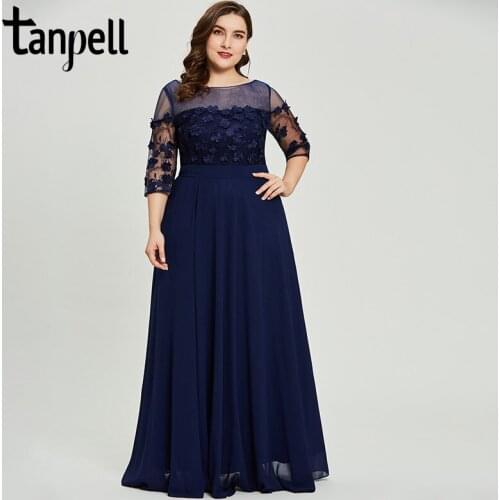 Tanpell split front evening dress dark navy three quarter sleeves a line gown women prom formal appliques long evening dresses