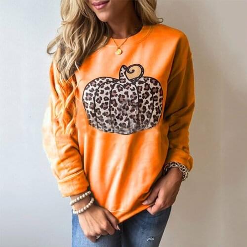 OMSJ Halloween T-shirts Women 2020 Fall Winter Casual Loose Round Neck Long Sleeve Pumpkin Leopard Print Pullover Tops Six Color