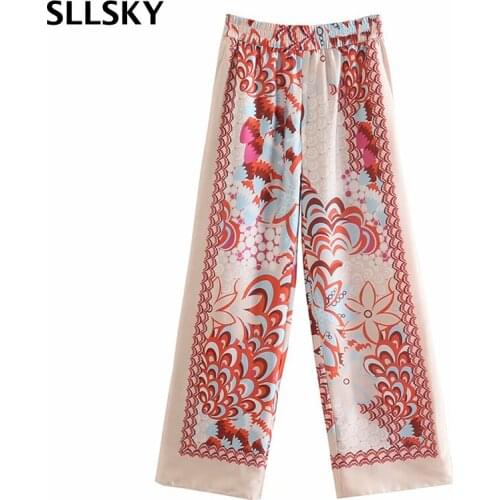 SLLSKY Vintage Flower Print Women Pants Summer New Elastic Waist Loose Female Wide Leg Pants Chic Pocket Thin Ladies Long Pants